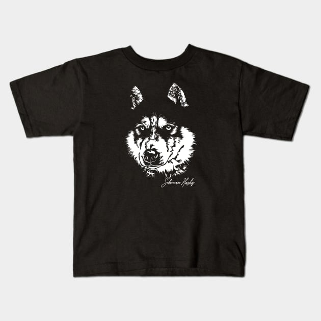 Siberian Husky sled dog portrait Kids T-Shirt by wilsigns